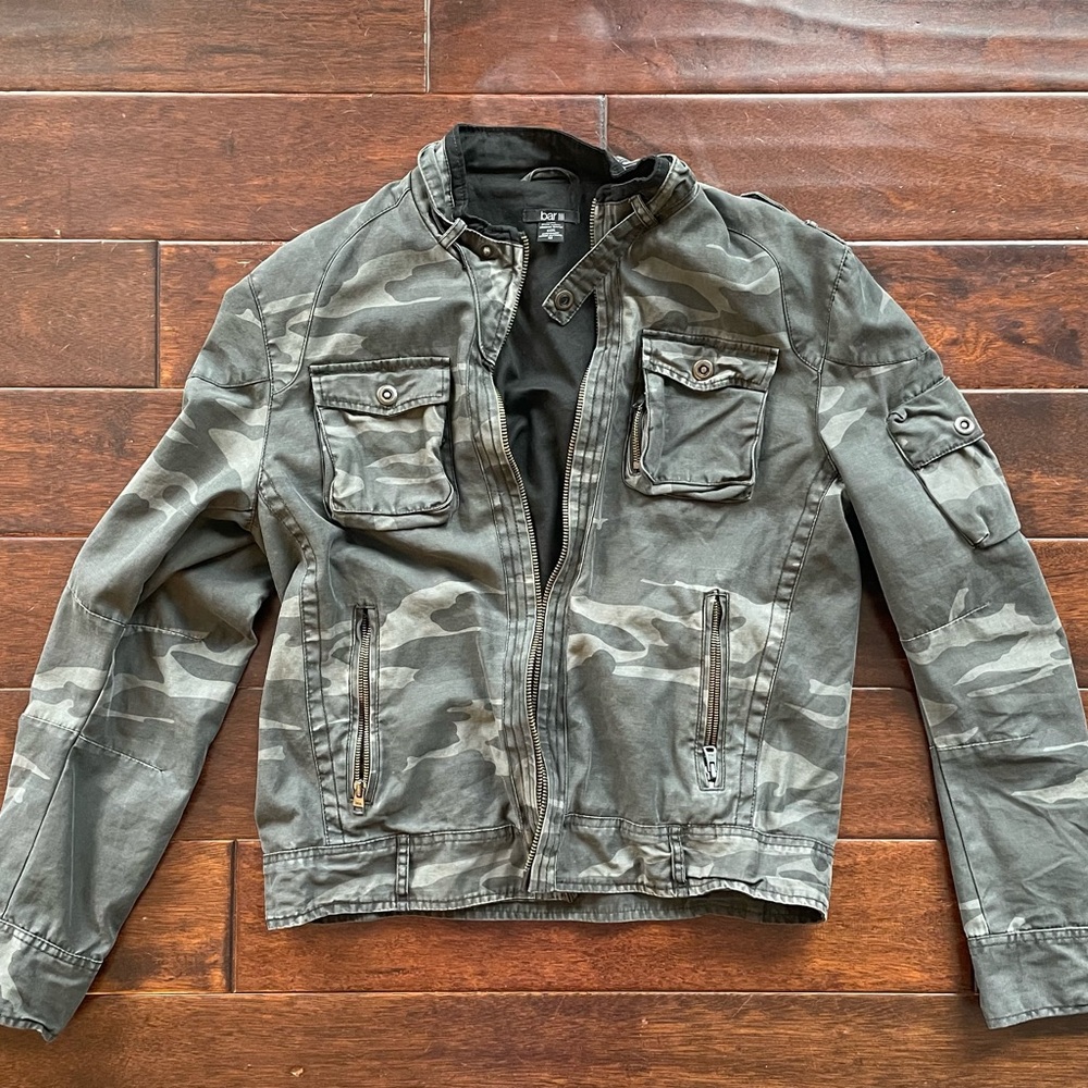 Bar III Cafe Racer Motorcycle Style Lined Zipper Jacket in Gray Camo Size Med